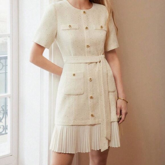 NWT MOTF PREMIUM TWEED GOLD BUTTON PATCH POCKET PLEATED HEM BELTED DRESS - Picture 4 of 10